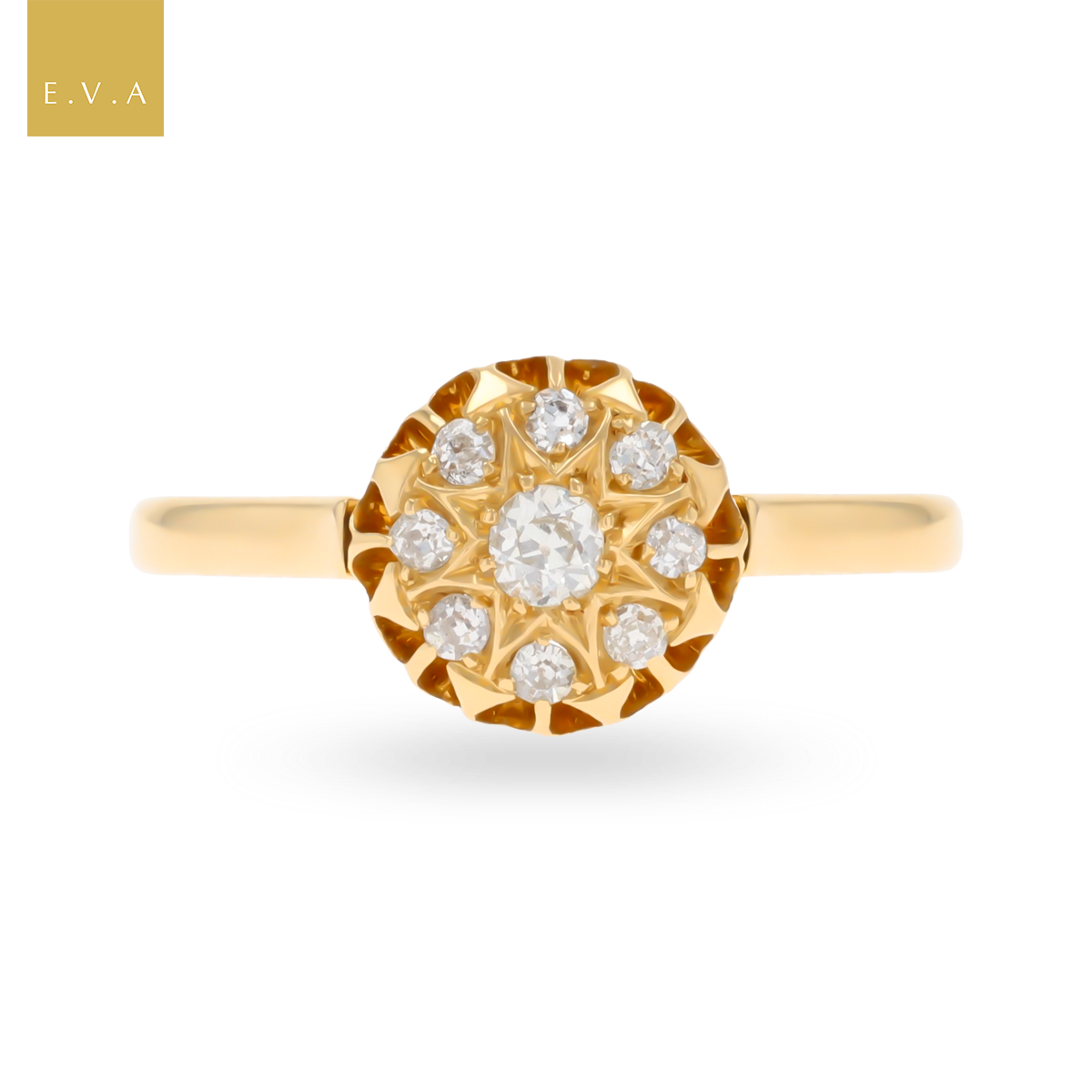 18ct Yellow Gold Old Cut Diamond Starburst Cluster Edwardian Ring