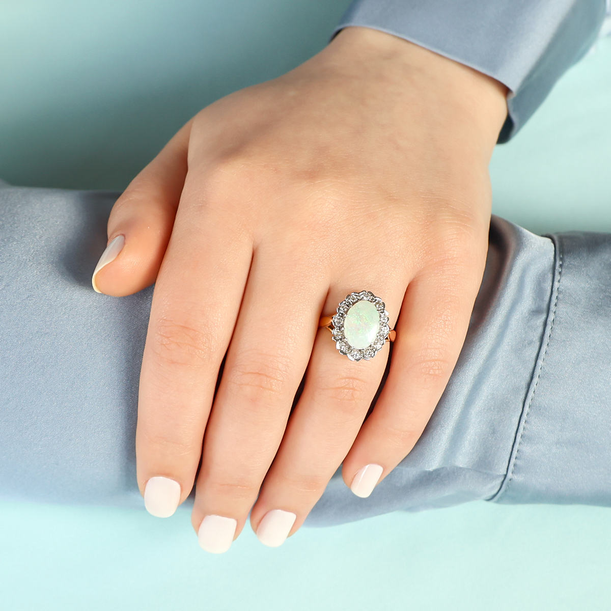18ct Yellow Gold Oval Shaped Opal & Diamond Cluster Ring