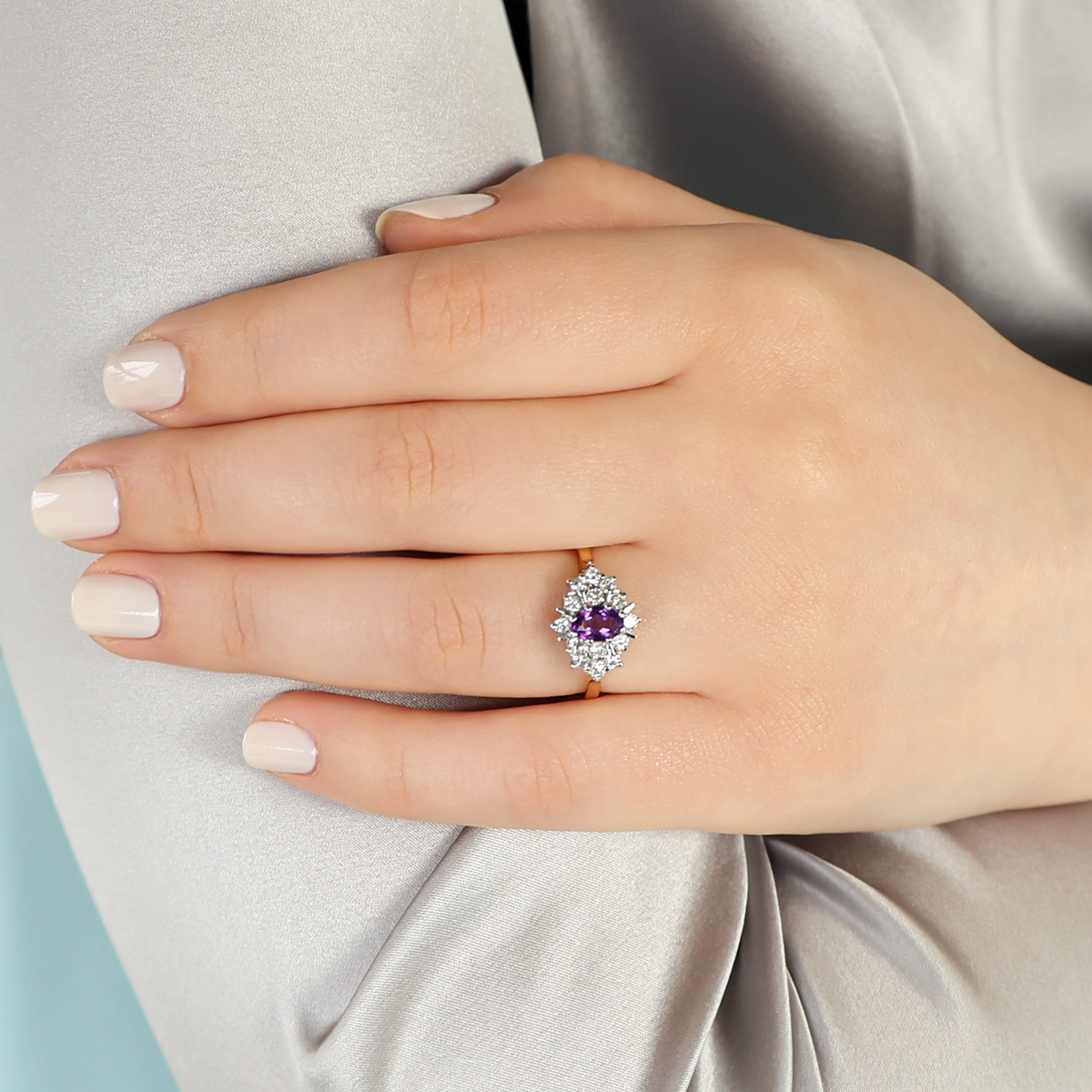 Model wears 18ct Yellow Gold Amethyst & Diamond Marquise Cluster Ring