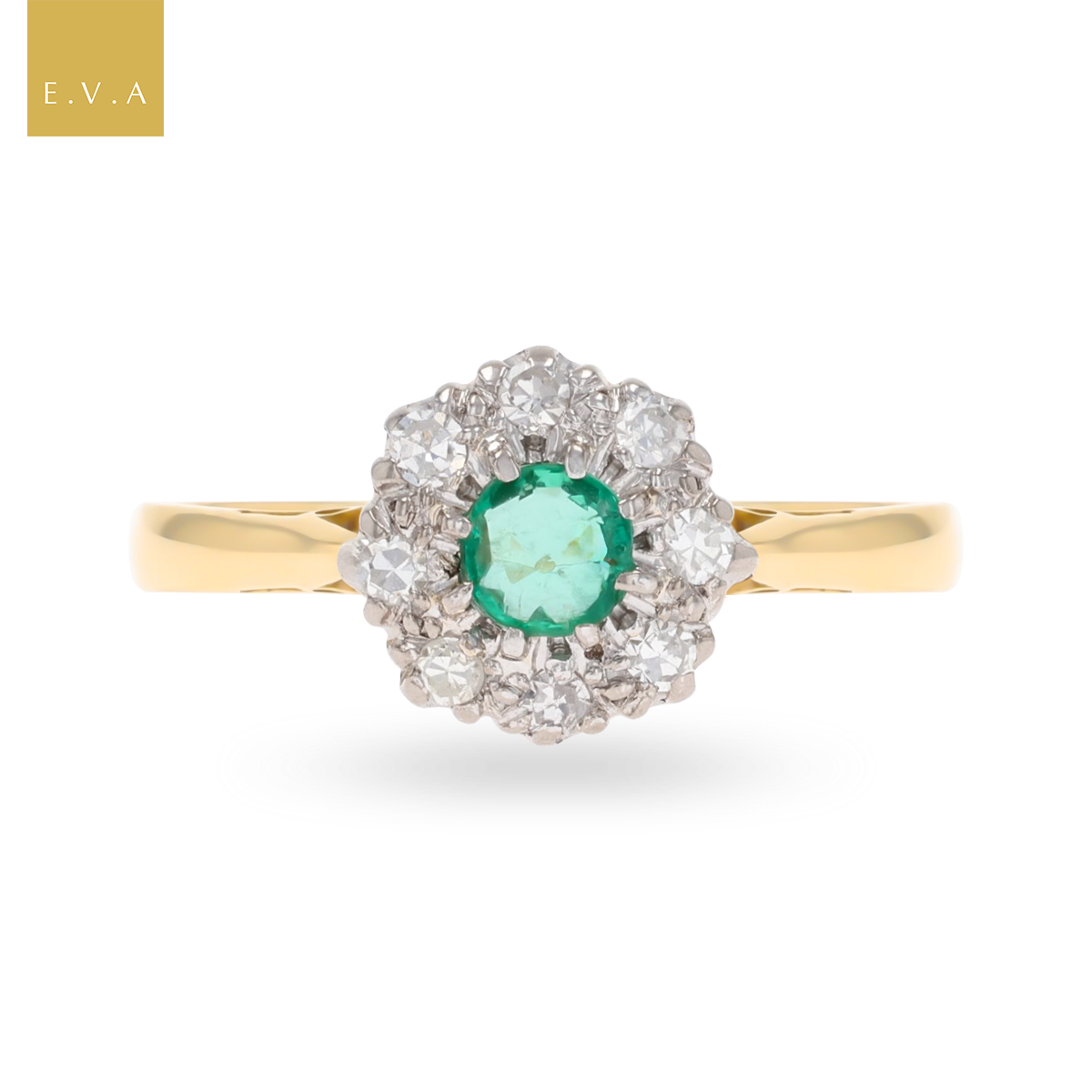 18ct Yellow Gold & Platinum Emerald & Diamond Cluster Ring