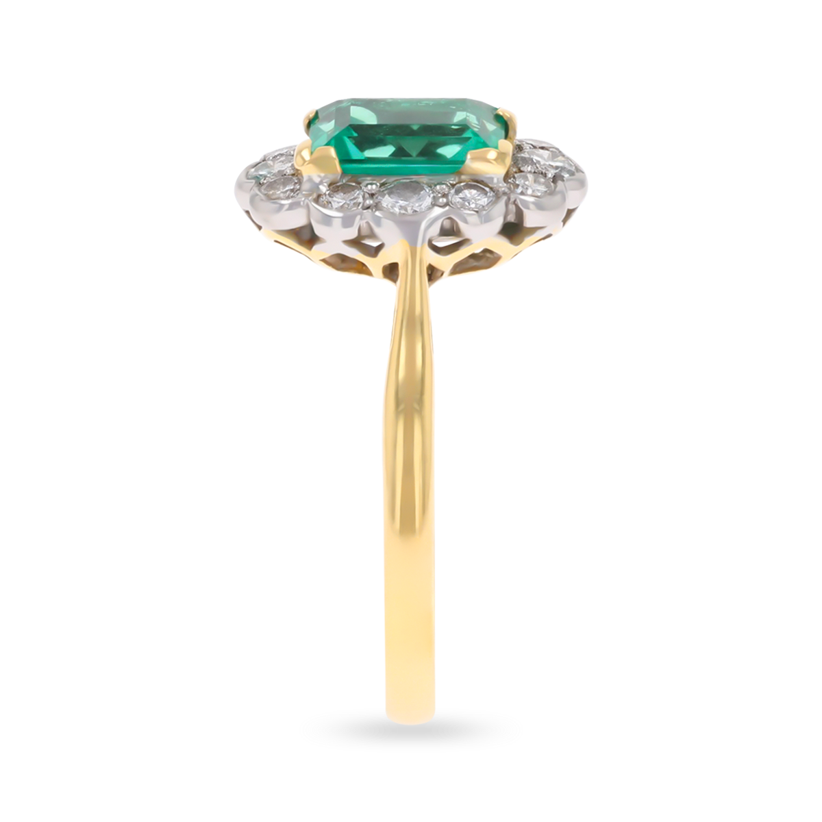 18ct Yellow Gold & Platinum Emerald & Diamond Scalloped Cluster Ring
