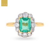 18ct Yellow Gold & Platinum Emerald & Diamond Scalloped Cluster Ring