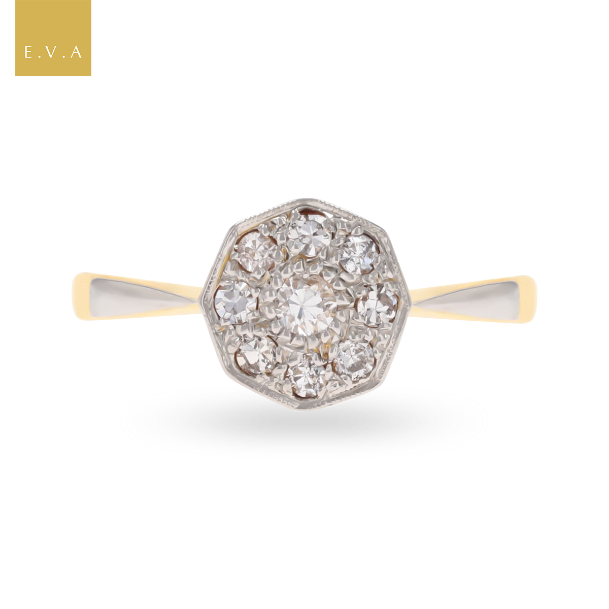 18ct Yellow Gold & Platinum Octagonal Shaped Diamond Cluster Ring