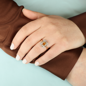 Model wears 9ct Yellow Gold Citrine & Diamond Tablet Cluster Ring