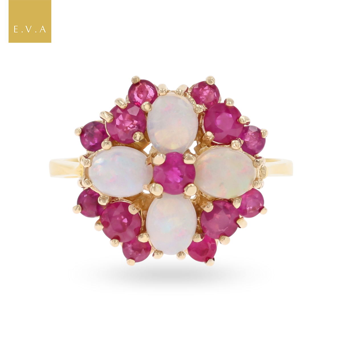 9ct Yellow Gold Ruby & Opal Quatrefoil Cluster Ring