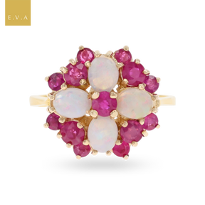 9ct Yellow Gold Ruby & Opal Quatrefoil Cluster Ring