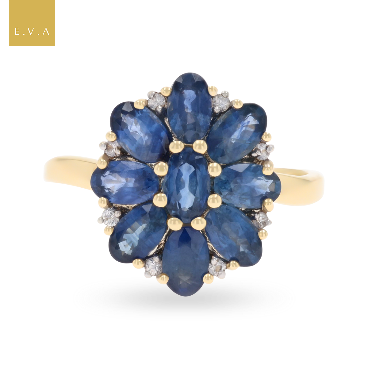 9ct Yellow Gold Oval Shaped Sapphire & Diamond Cluster Ring