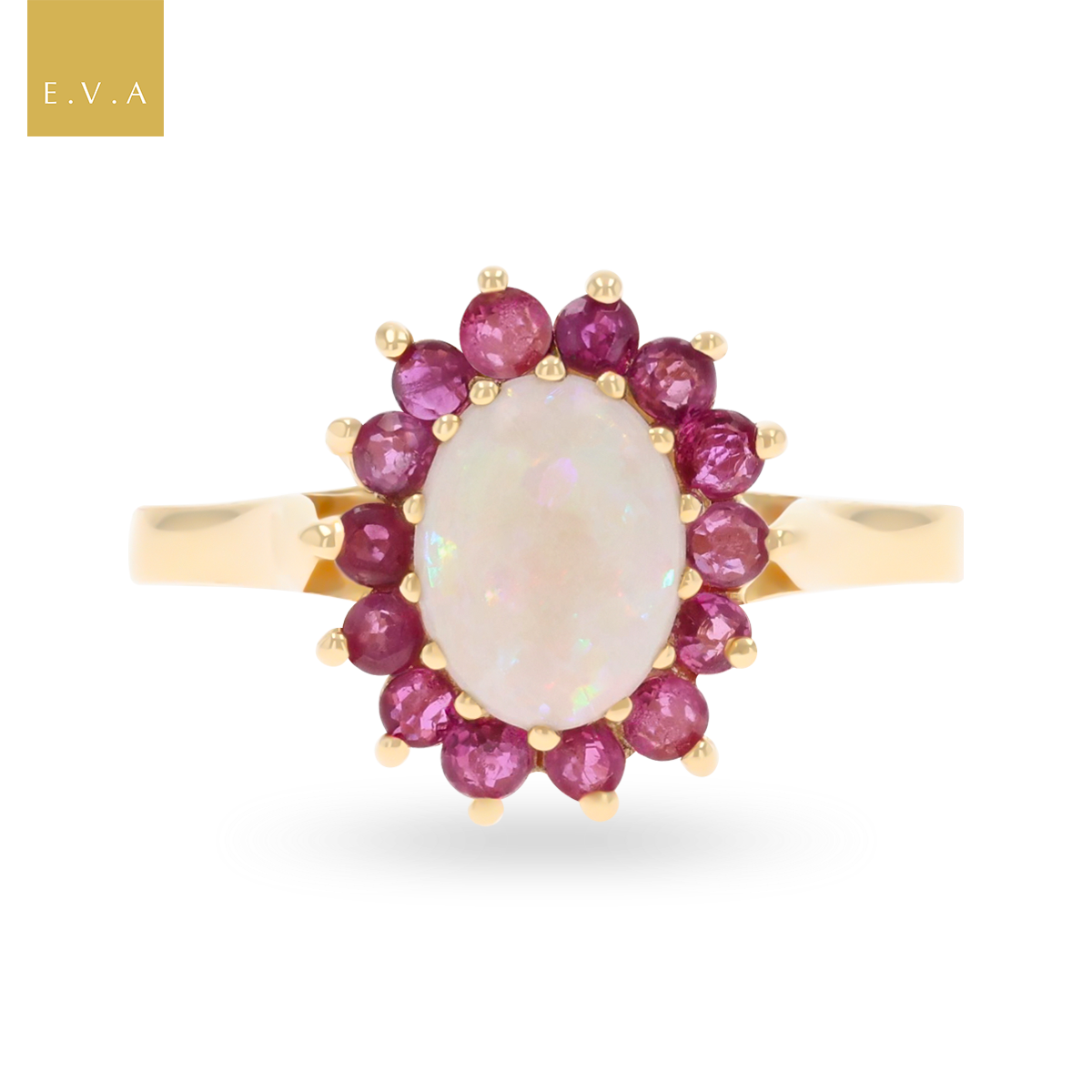 9ct Yellow Gold Oval Shaped Opal & Ruby Cluster Ring