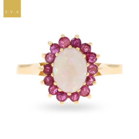 9ct Yellow Gold Oval Shaped Opal & Ruby Cluster Ring