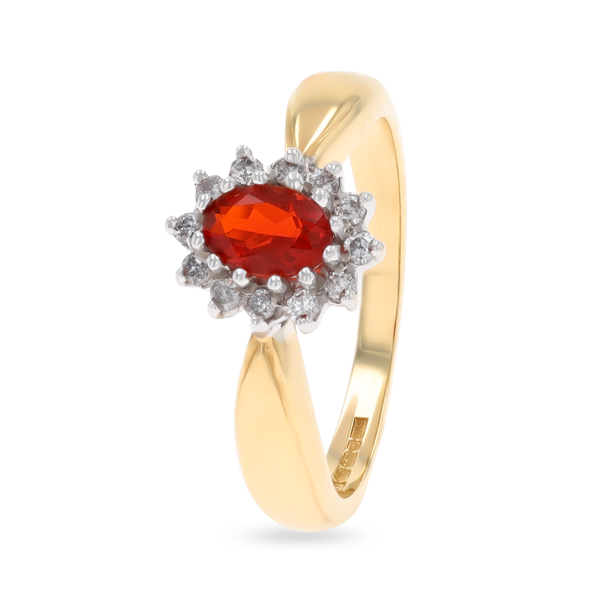 9ct Yellow Gold Oval Shaped Fire Opal & Diamond Cluster Ring