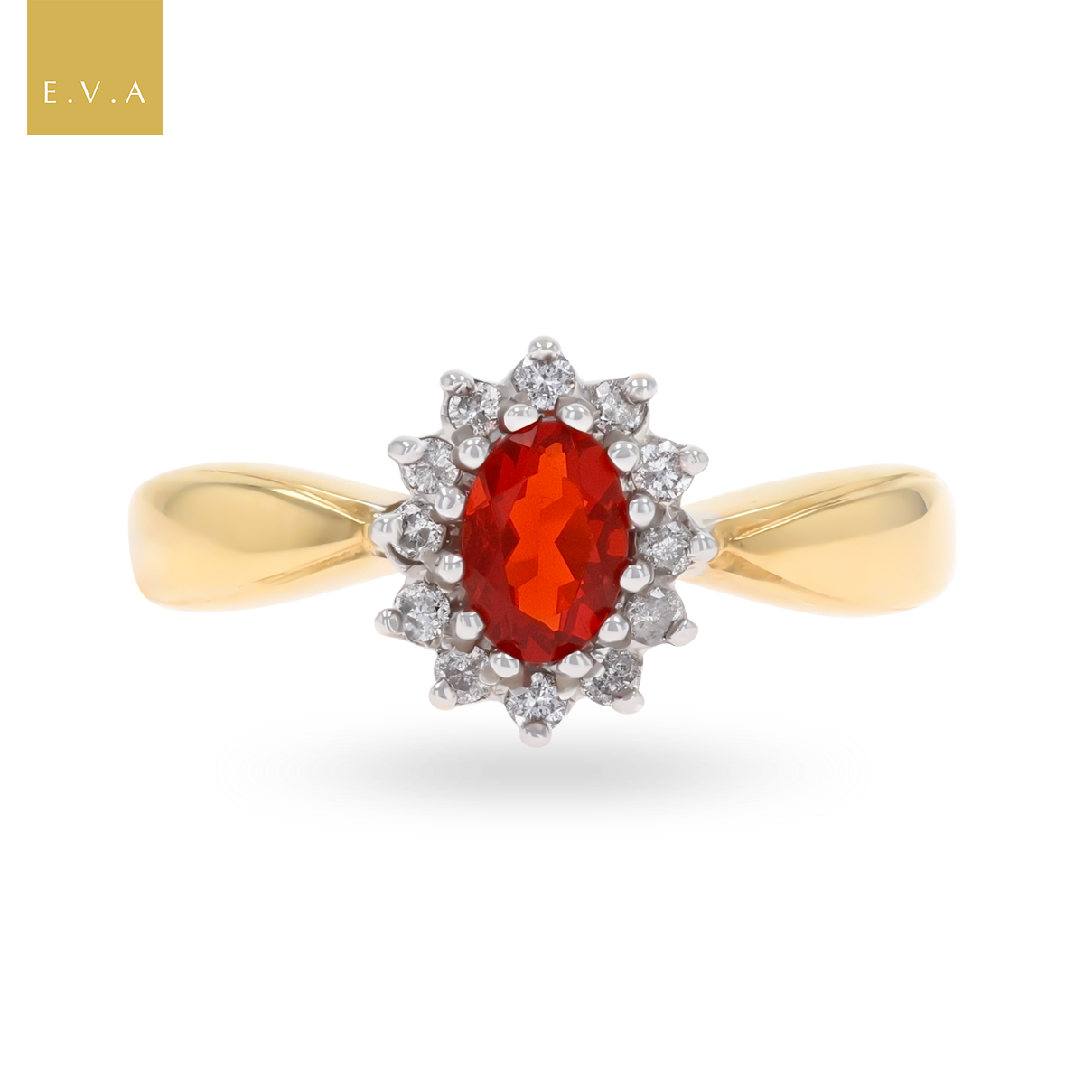 9ct Yellow Gold Oval Shaped Fire Opal & Diamond Cluster Ring