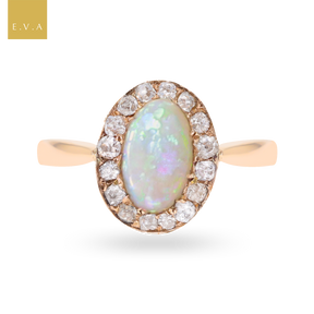 Un-hallmarked 9ct Yellow Gold Opal & Old Cut Diamond Cluster Ring