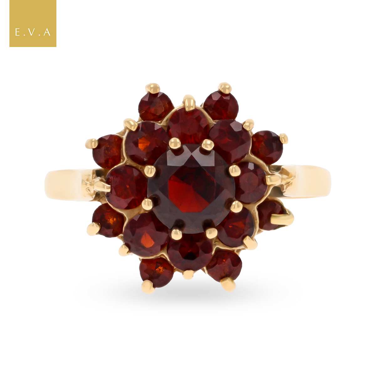 9ct Yellow Gold Round Shaped Garnet Flower Cluster Ring