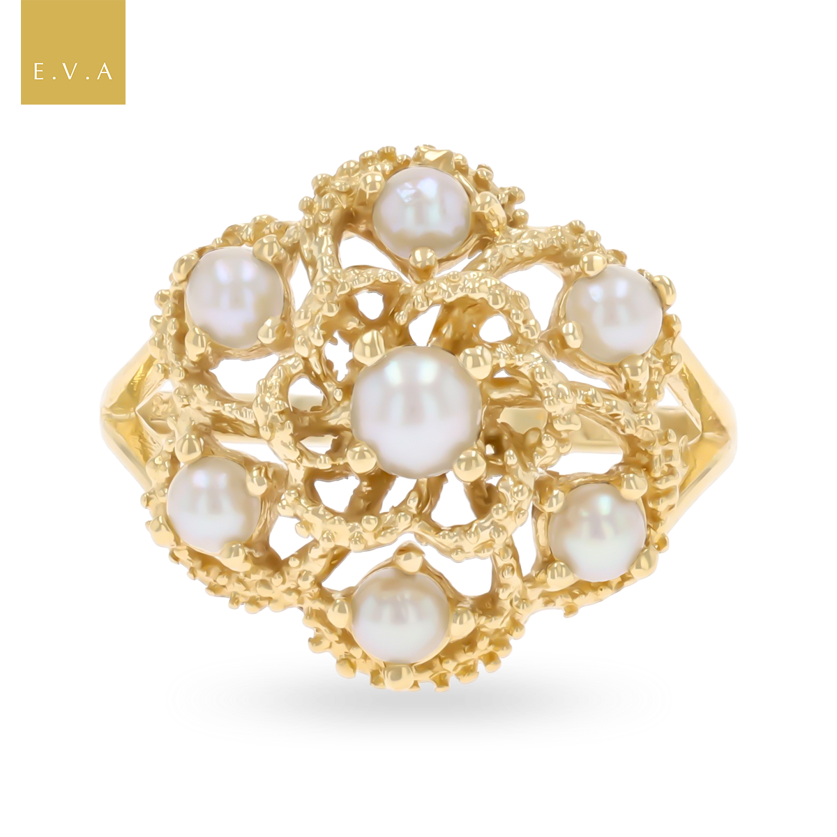 9ct Yellow Gold Cultured Pearl Flower Cluster Ring