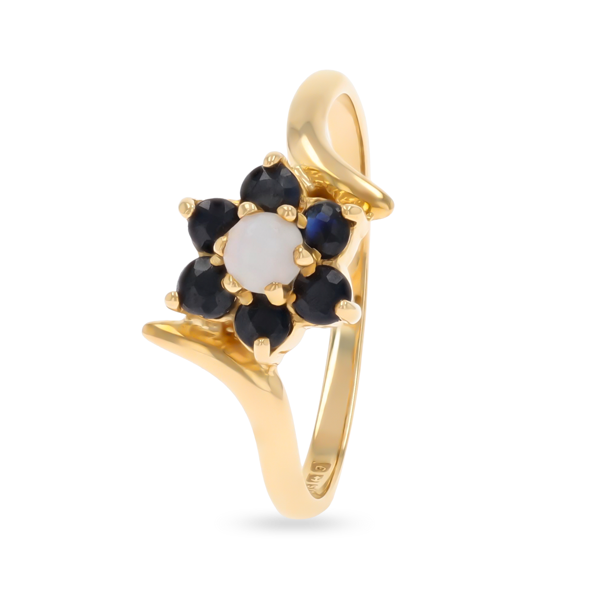 9ct Yellow Gold Sapphire & Opal Flower Cluster Bypass Ring