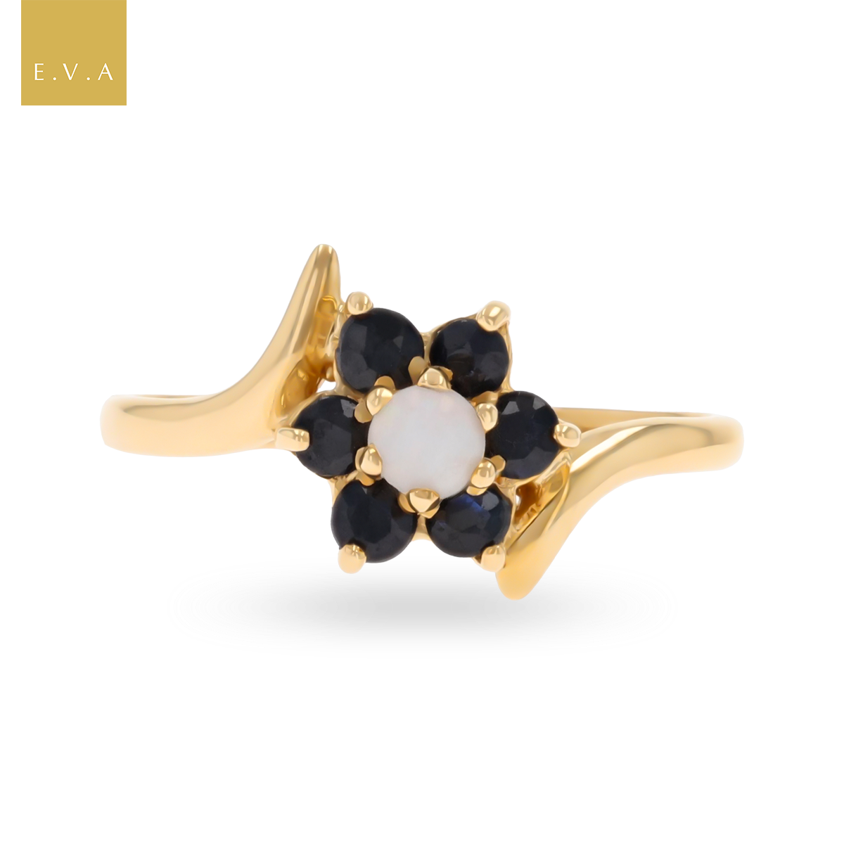 9ct Yellow Gold Sapphire & Opal Flower Cluster Bypass Ring