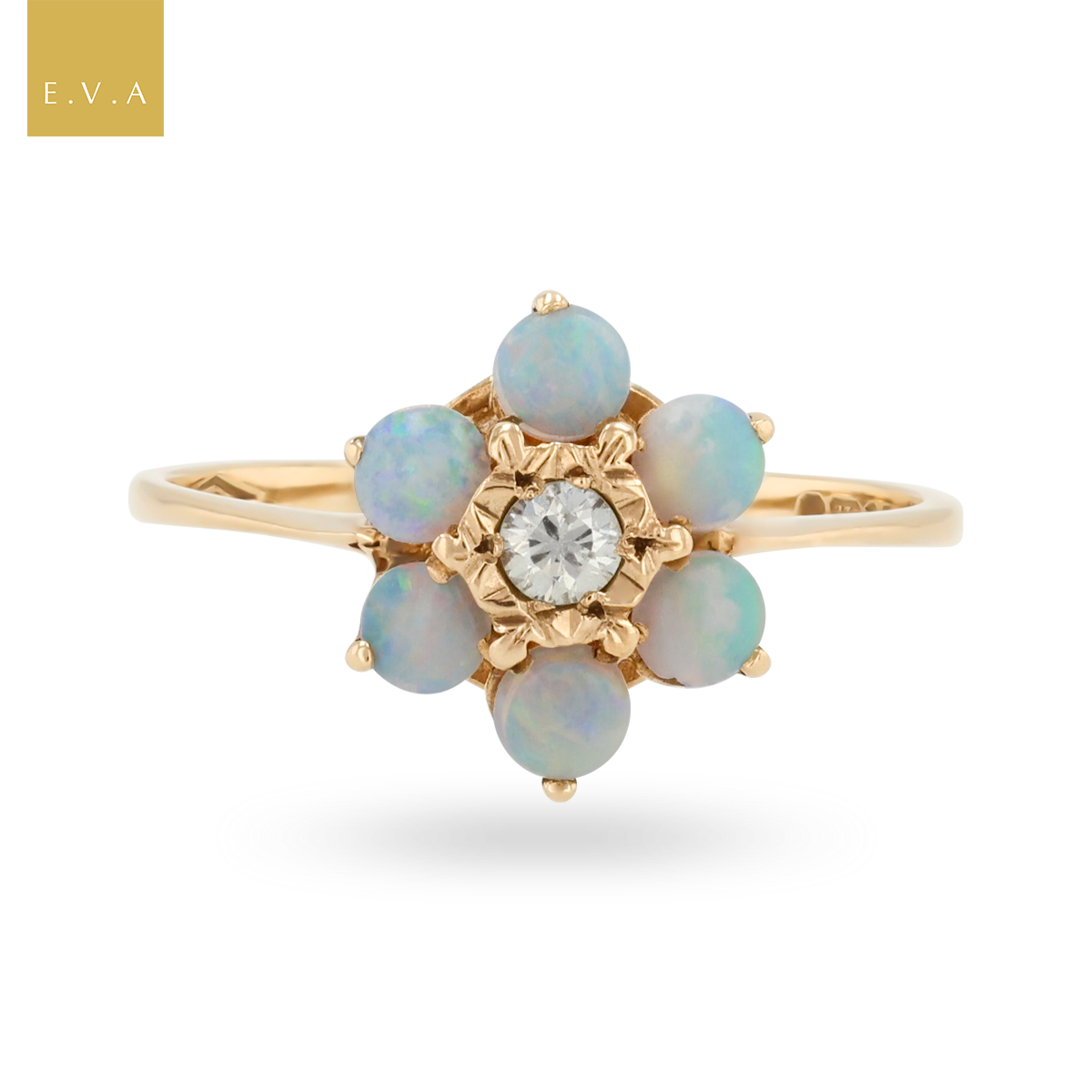 9ct Yellow Gold Opal & Diamond Flower Cluster Ring