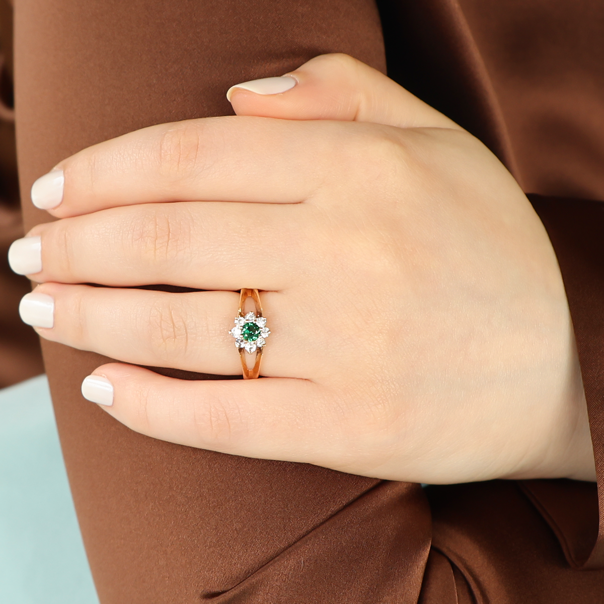 Model wears 9ct Yellow Gold Green & White Paste Cluster Ring