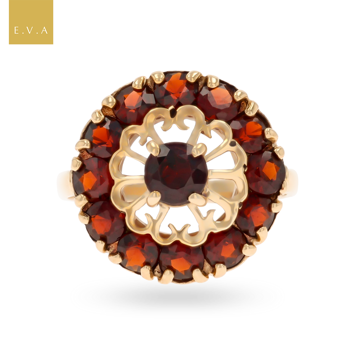 9ct Yellow Gold Round Shaped Garnet Cluster Ring
