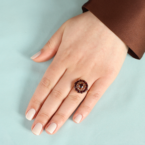 Model wears 9ct Yellow Gold Round Shaped Garnet Cluster Ring
