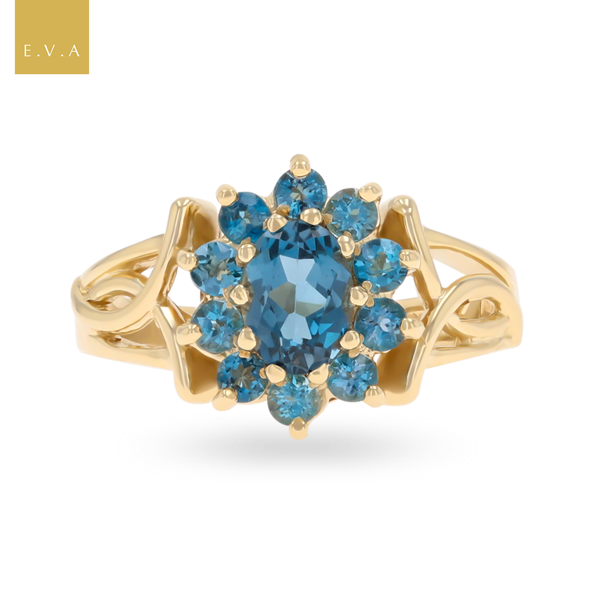 9ct Yellow Gold London Blue Topaz Cluster Ring
