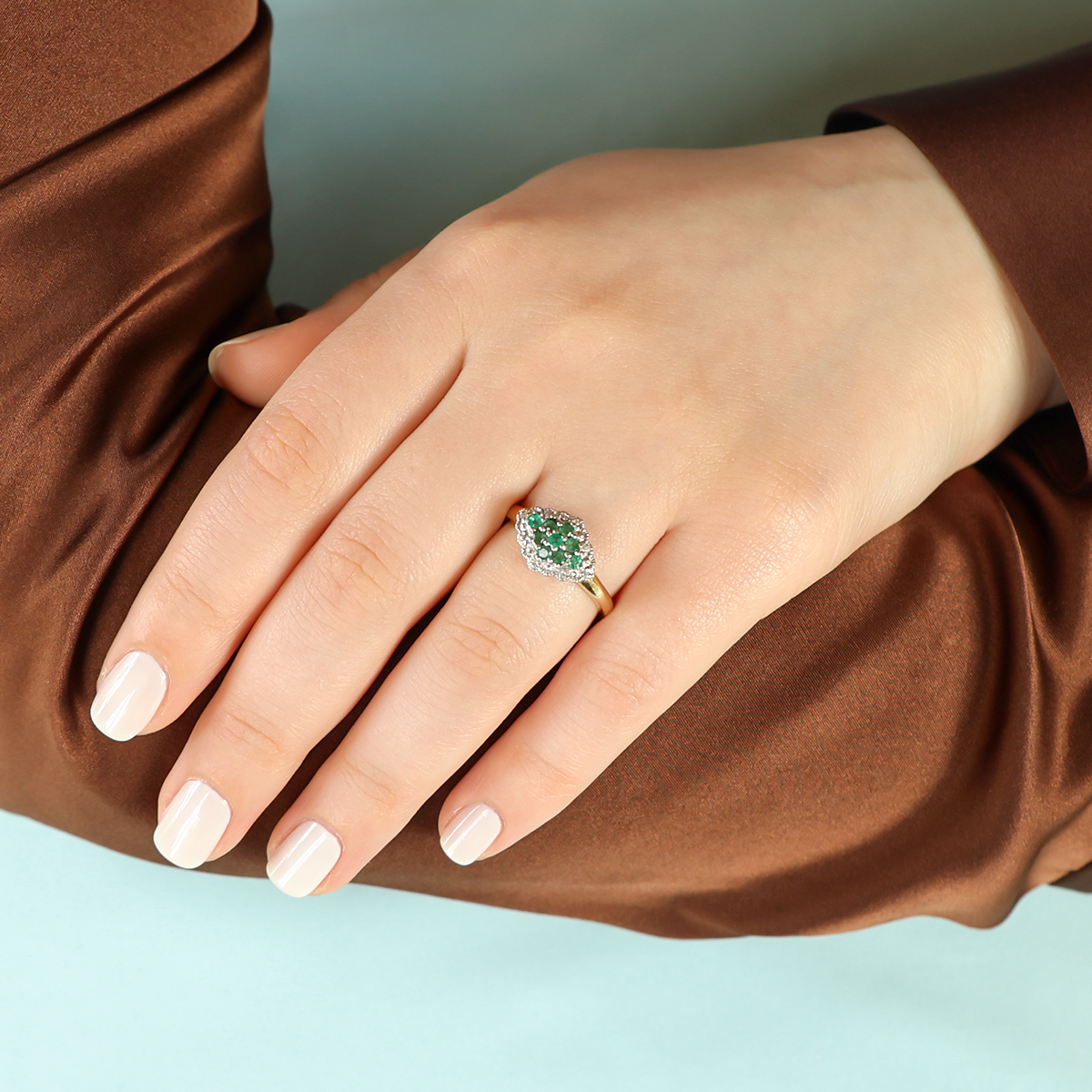 Model wears 9ct Yellow Gold Emerald & Diamond Navette Cluster Ring