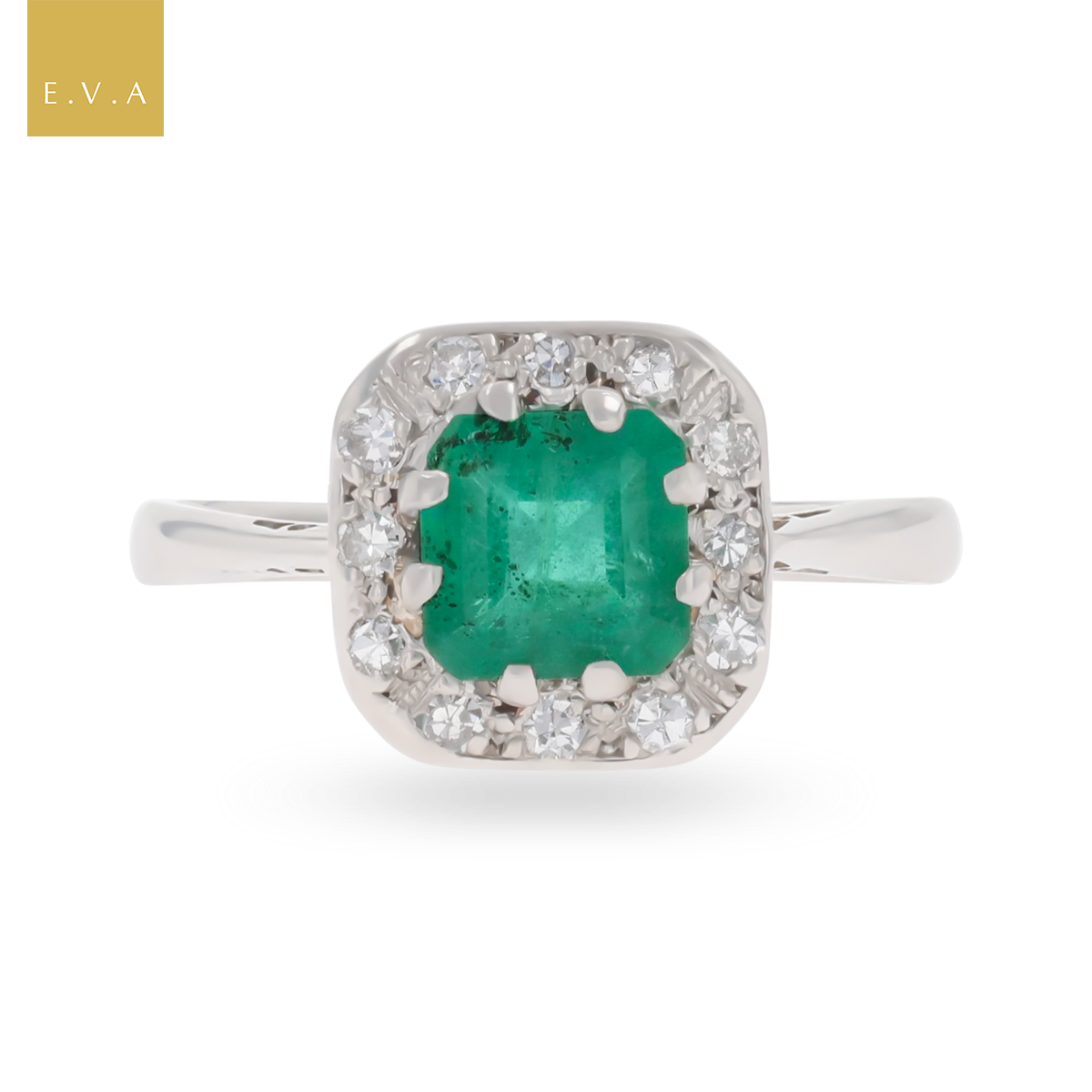 Platinum Asscher Cut Emerald & Diamond Cluster Ring