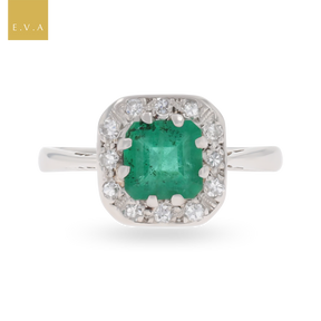 Platinum Asscher Cut Emerald & Diamond Cluster Ring