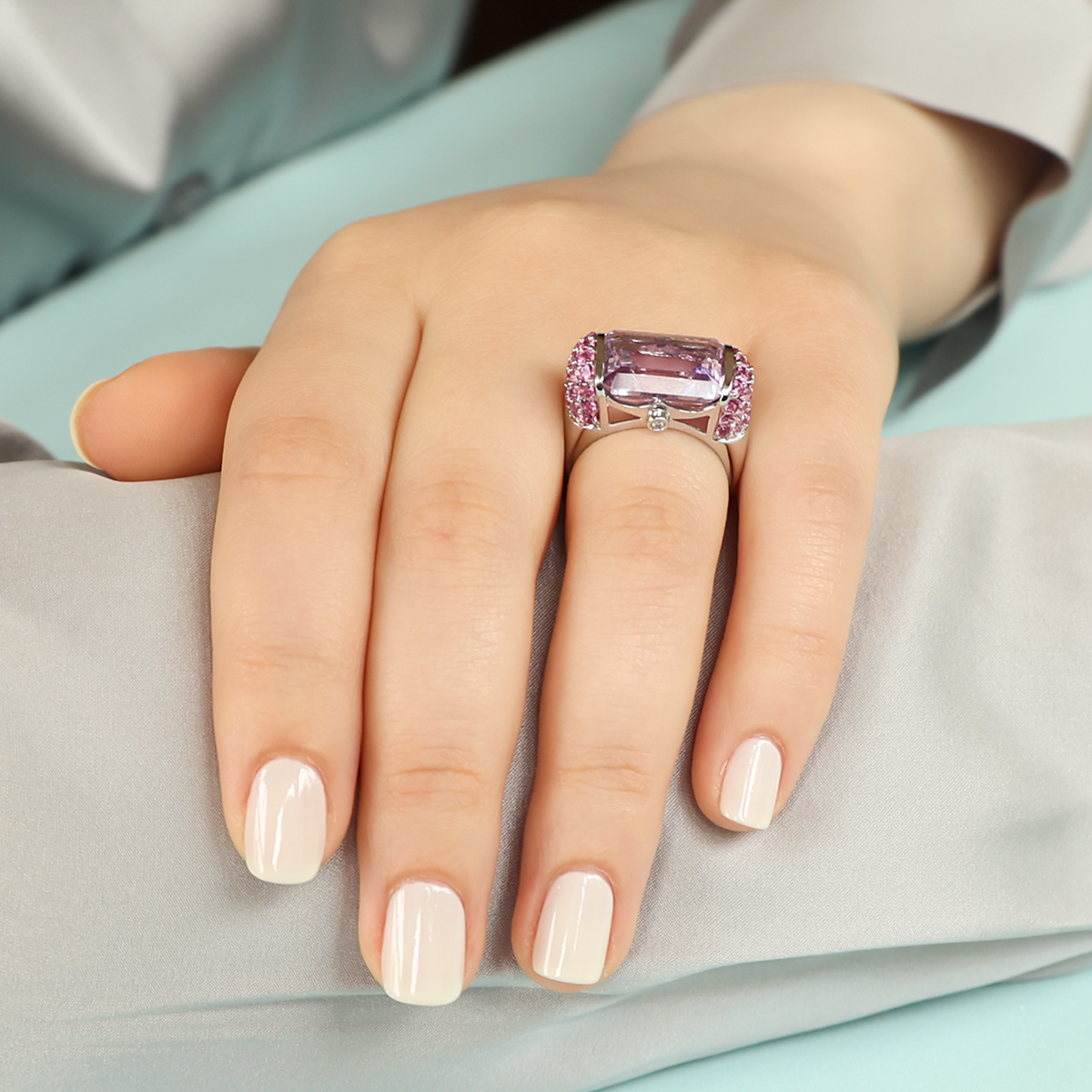 Model wears 14ct White Gold Amethyst & Pink Sapphire Cocktail Ring