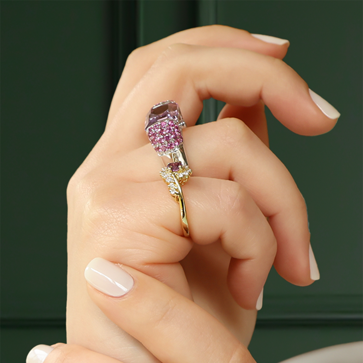 Model wears 14ct White Gold Amethyst & Pink Sapphire Cocktail Ring and 18ct Yellow Gold Amethyst & Diamond Twist Ring