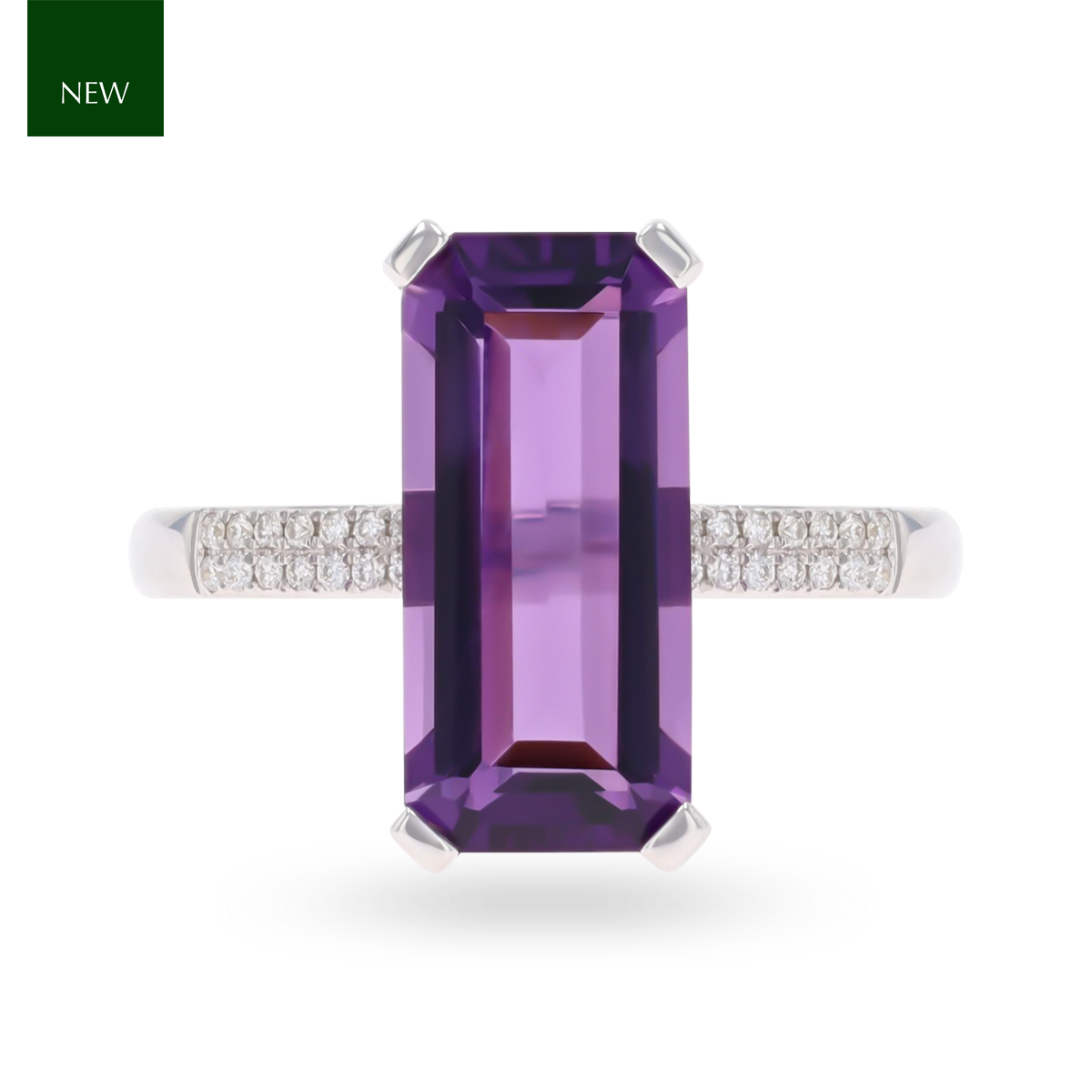 9ct White Gold Long Octagon Shaped Amethyst & Diamond Cocktail Ring