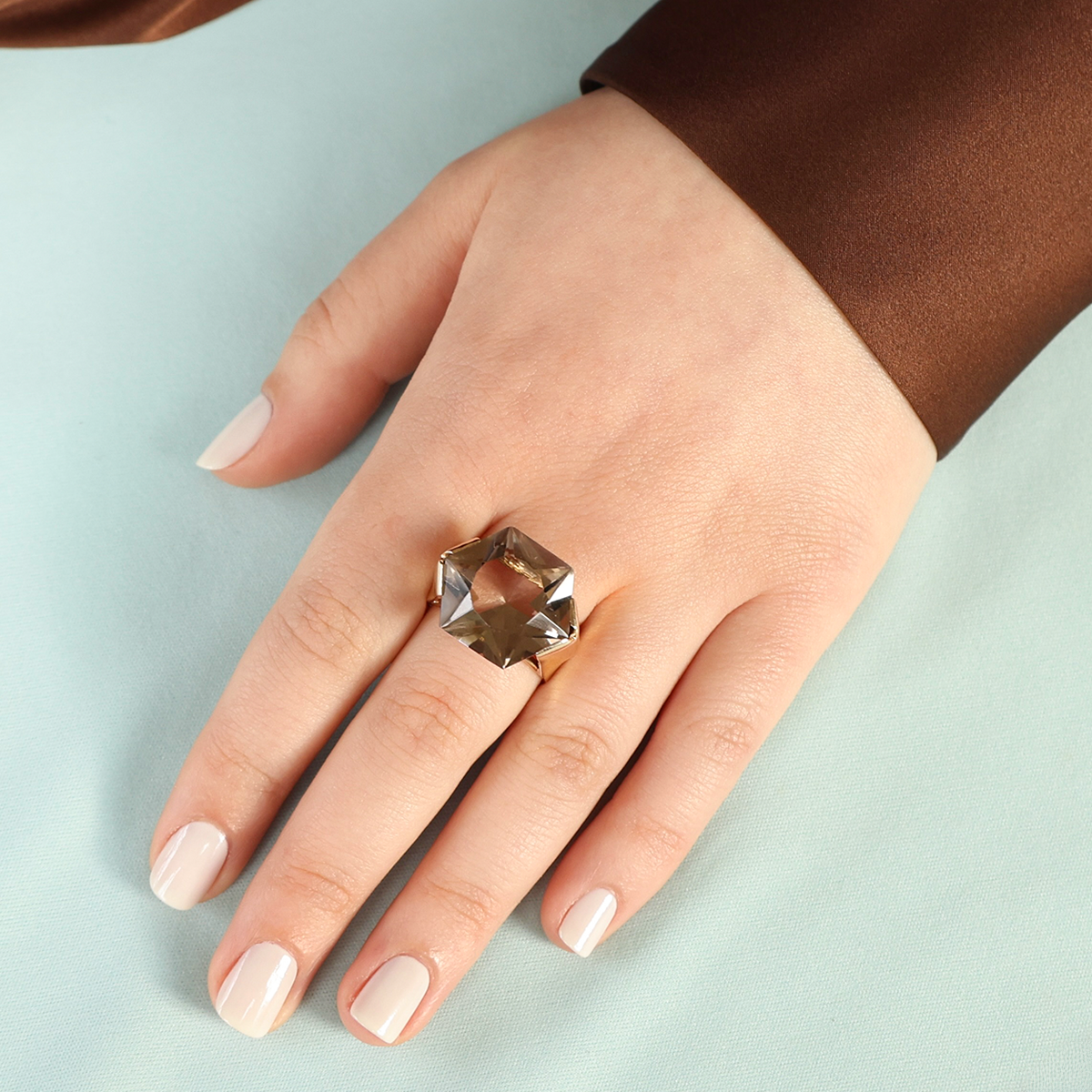 Model wears 9ct Yellow Gold Hexagon Cut Smokey Quartz Cocktail Ring