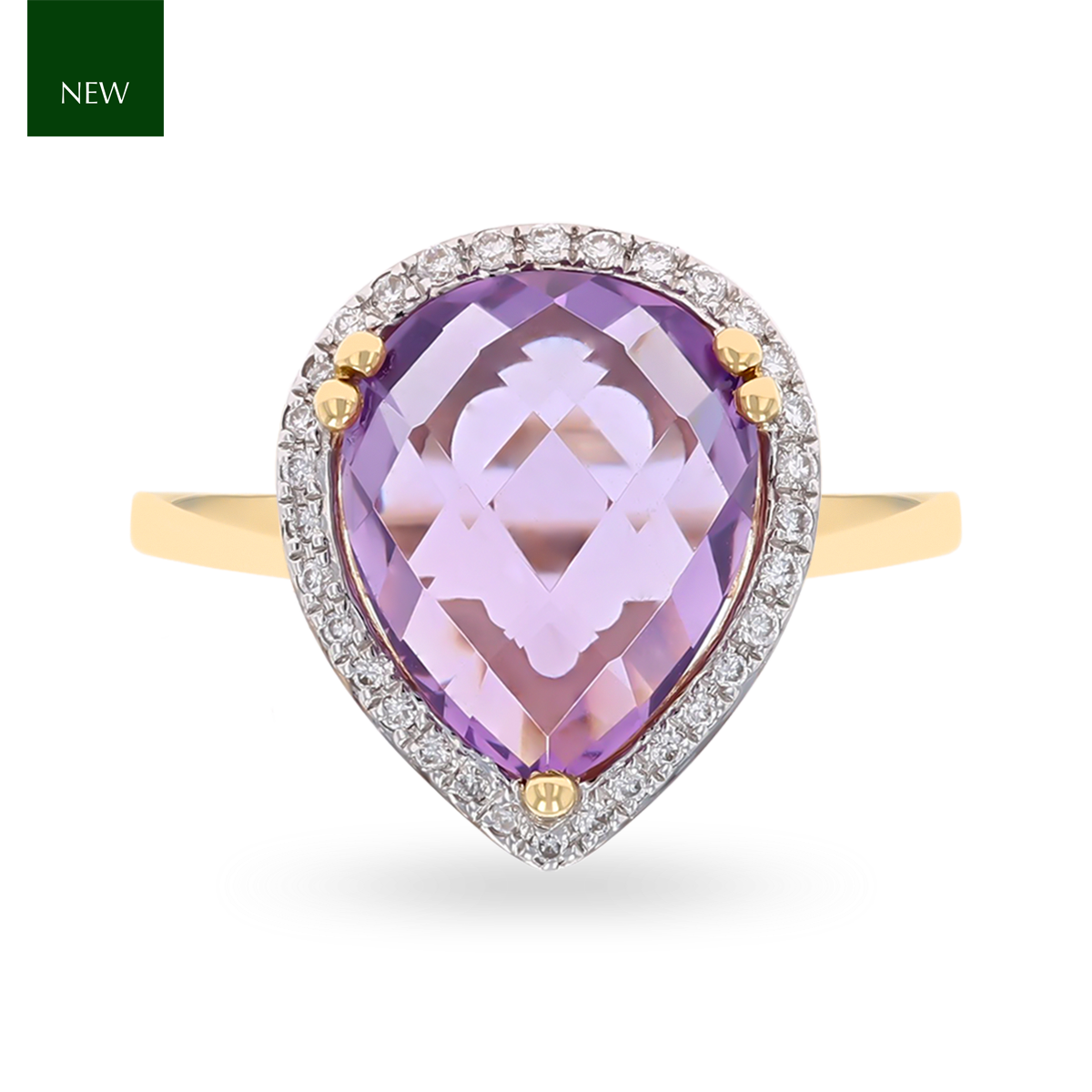 9ct Yellow Gold Pear Shaped Amethyst & Diamond Cocktail Ring