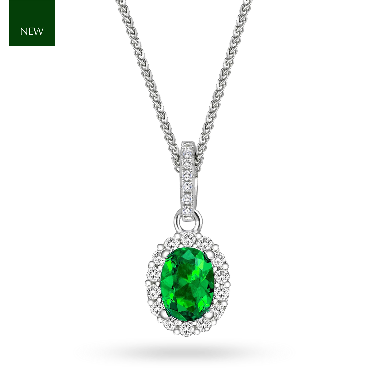 Sterling Silver Oval Green Cubic Zirconia Cluster Pendant & Chain