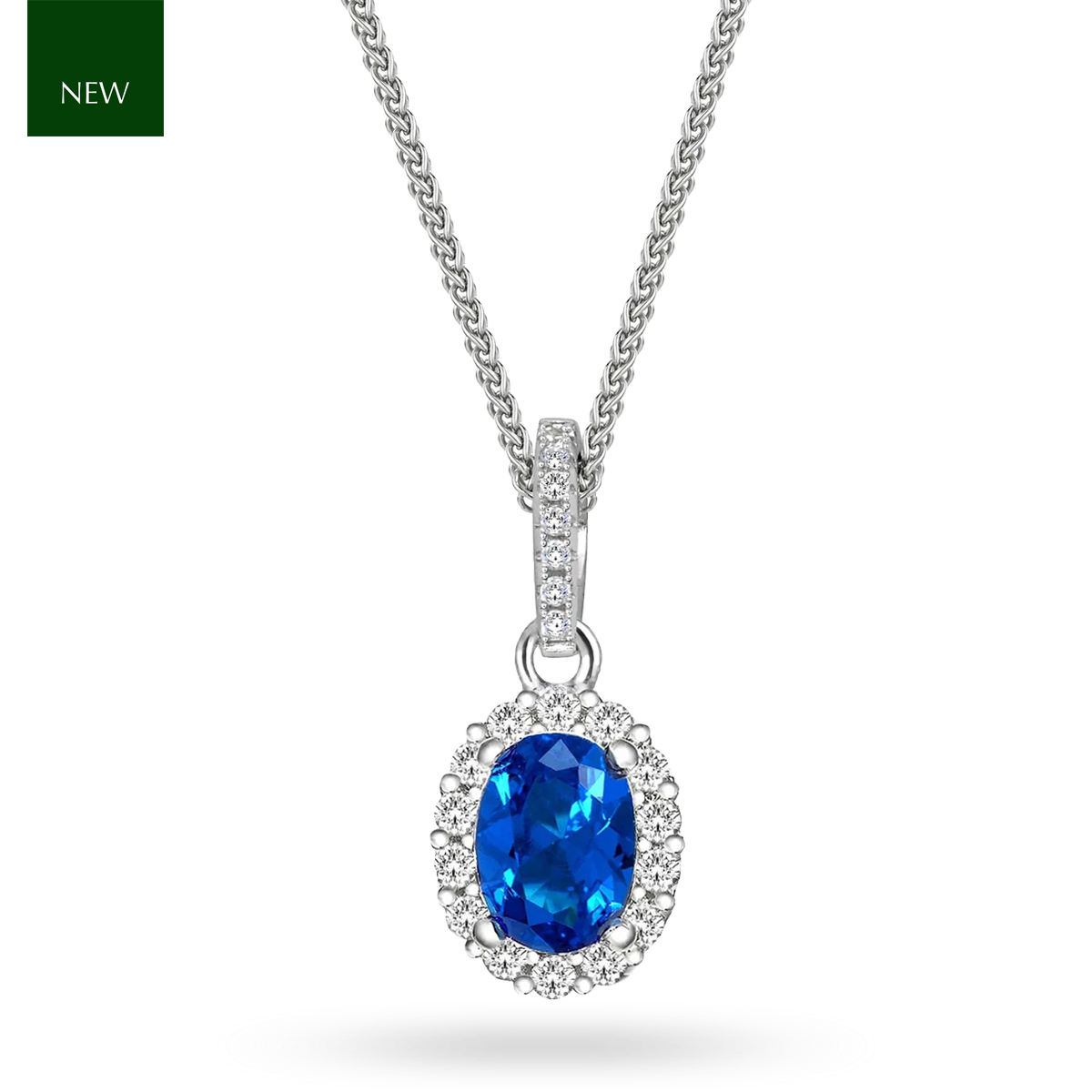 Sterling Silver Oval Dark Blue Cubic Zirconia Cluster Pendant & Chain
