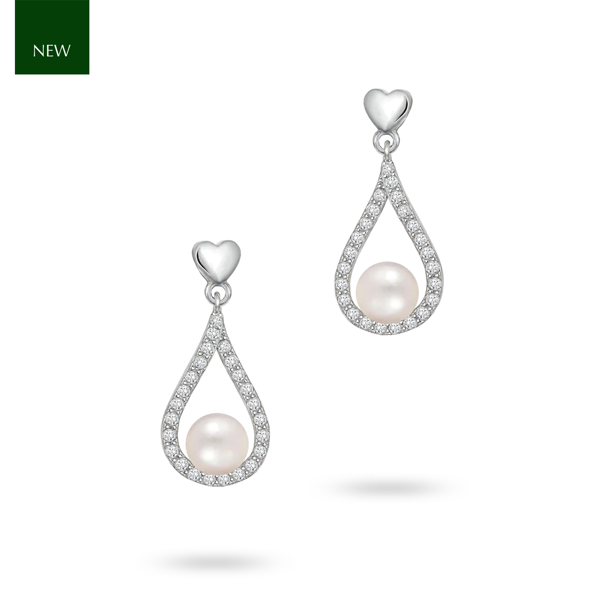 Sterling Silver Freshwater Pearl & Cubic Zirconia Teardrop Heart Earrings