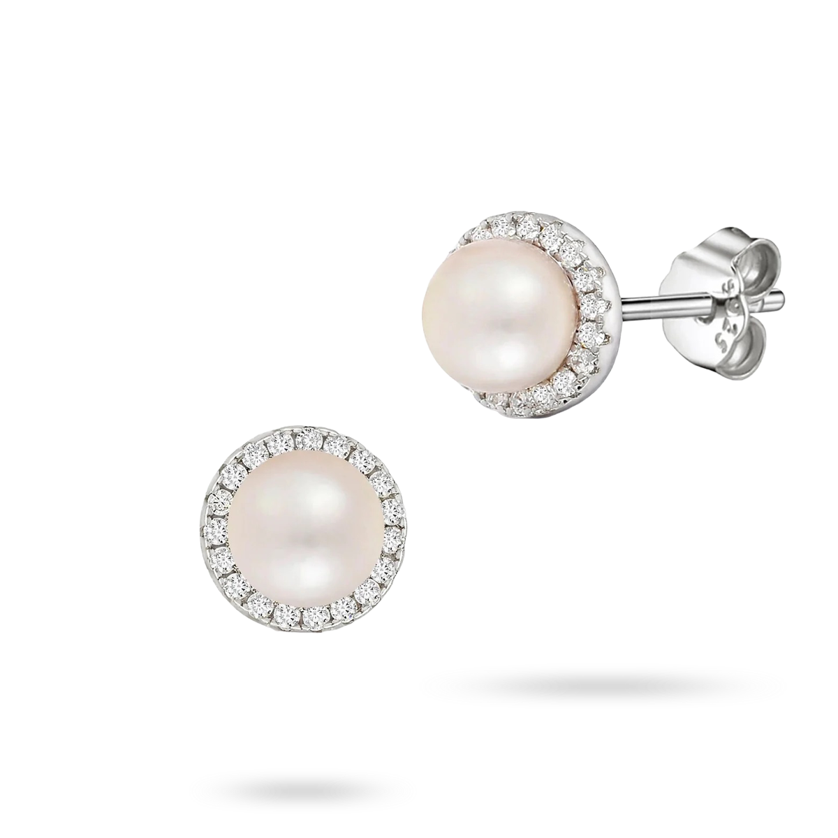 Sterling Silver Freshwater Pearl & Cubic Zirconia 8mm Halo Stud Earrings