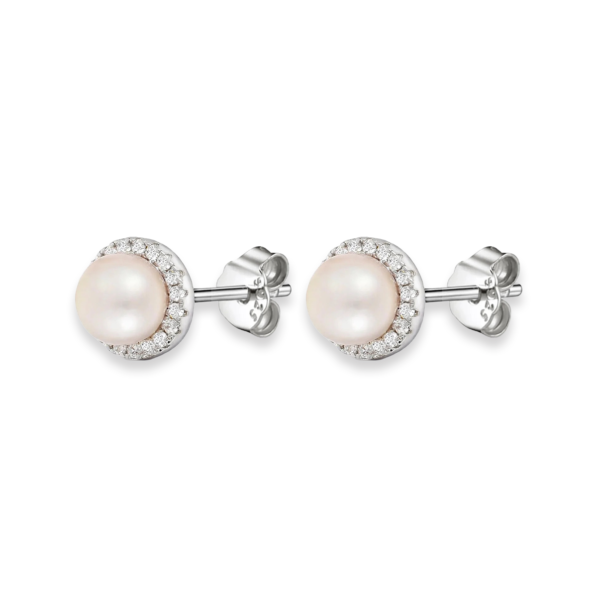 Sterling Silver Freshwater Pearl & Cubic Zirconia 8mm Halo Stud Earrings