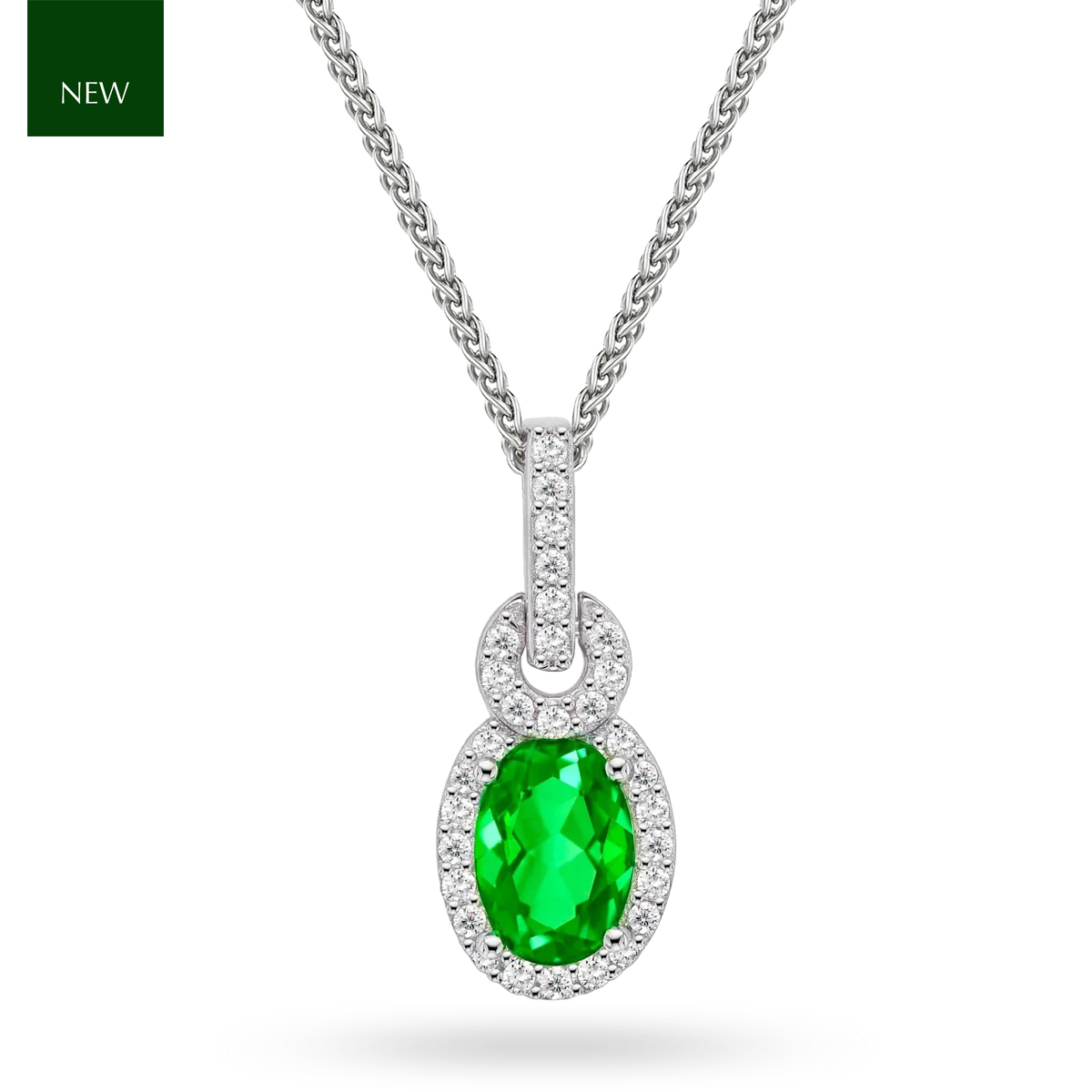 Sterling Silver Oval Green Cubic Zirconia Halo Pendant & Chain