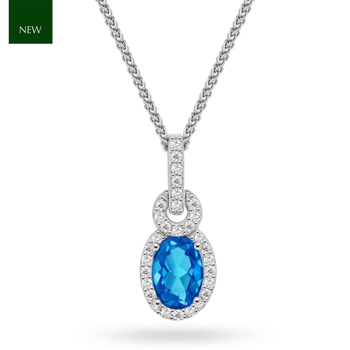 Sterling Silver Oval Blue Cubic Zirconia Halo Pendant & Chain