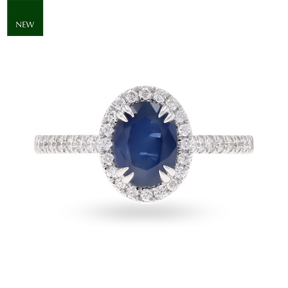 18ct White Gold Oval Cut Sapphire & Diamond Halo Ring