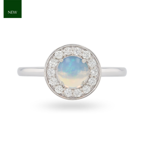 9ct White Gold Round Opal & Diamond Cluster Ring