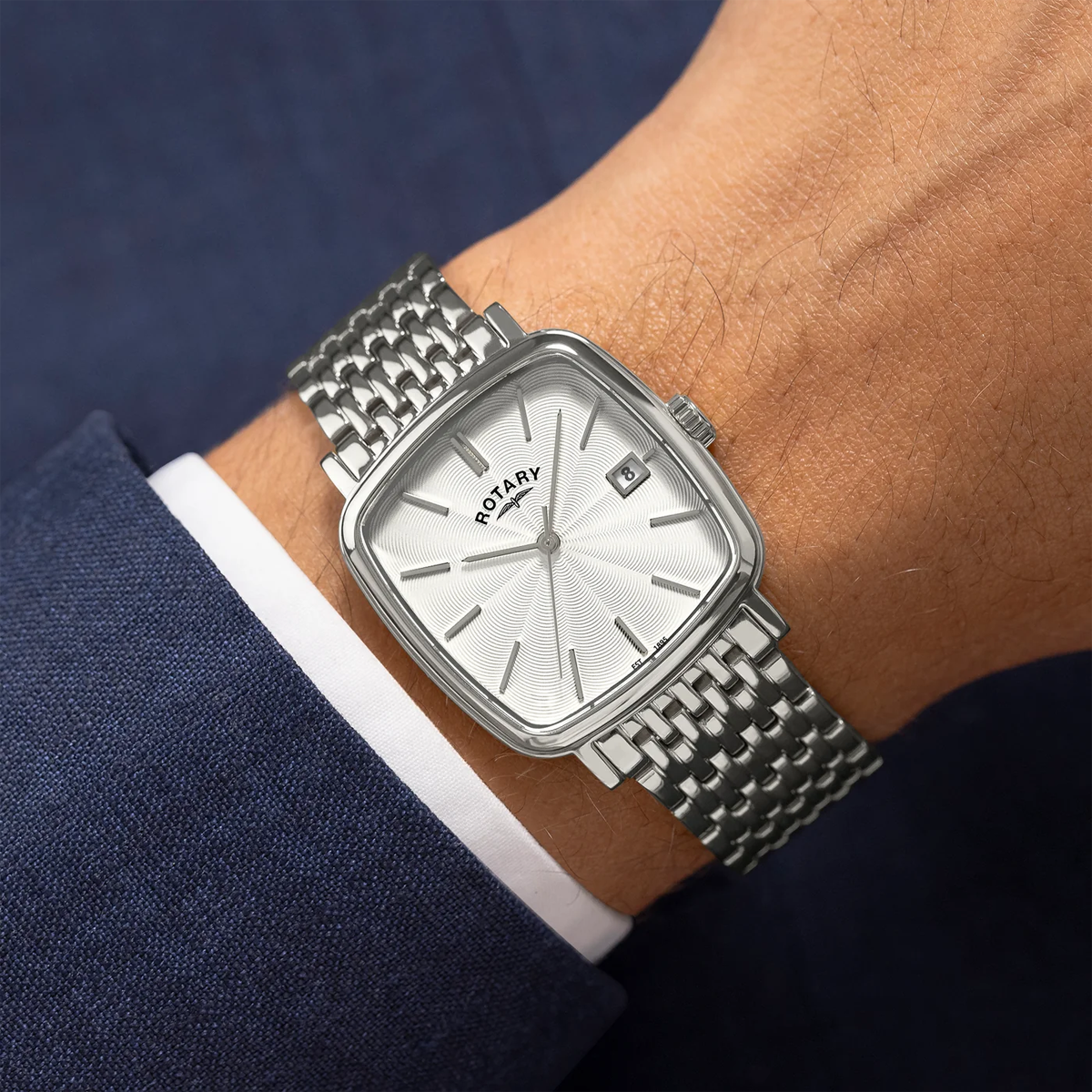Model wears Rotary Heritage Astoria, White Dial with Stainless Steel Bracelet RGB05307/08