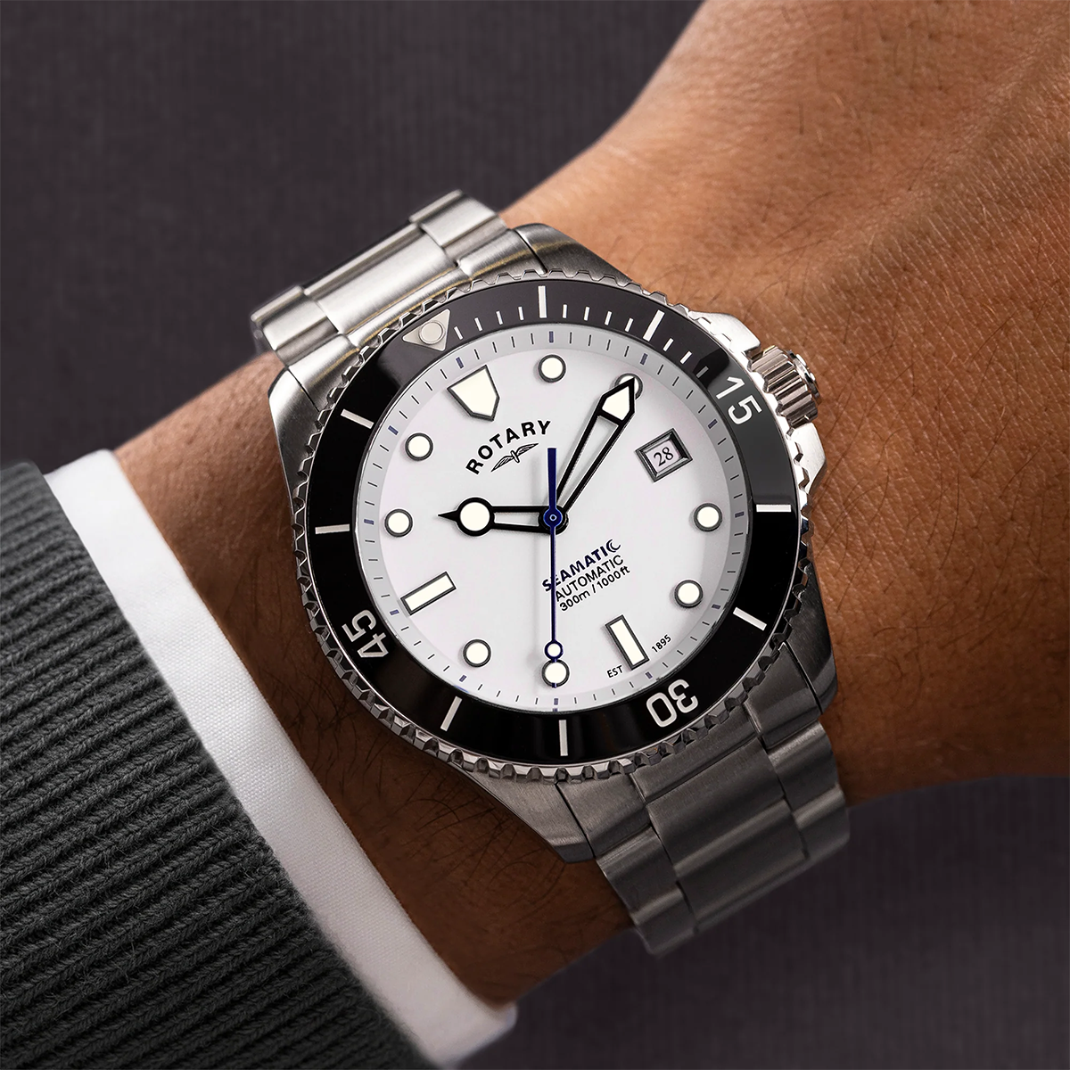 Model wears Rotary Seamatic 300 Automatic, White Dial with Stainless Steel Bracelet - RGB05430/29
