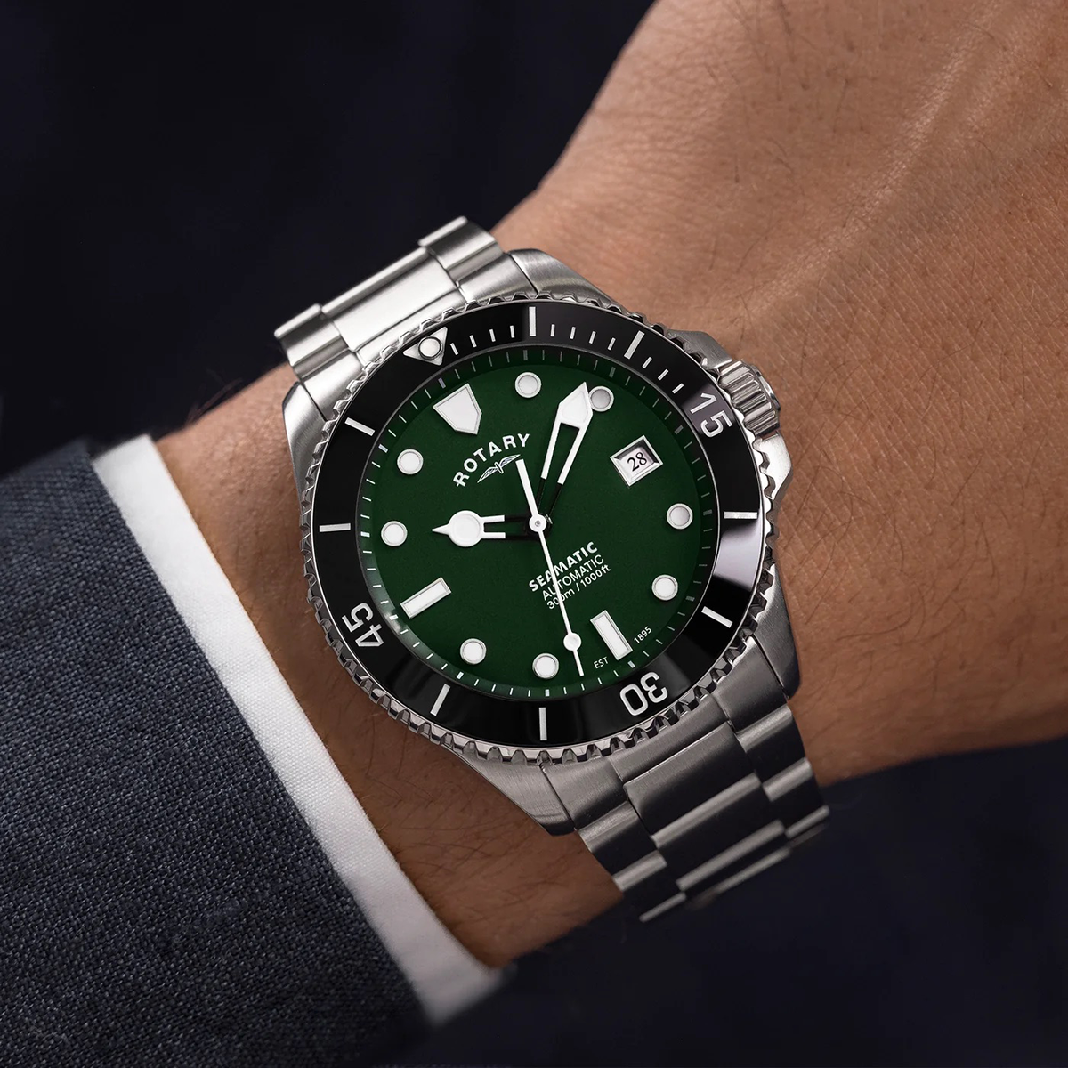 Model wears Rotary Seamatic 300 Automatic, Green Dial with Stainless Steel Bracelet RGB05430/78