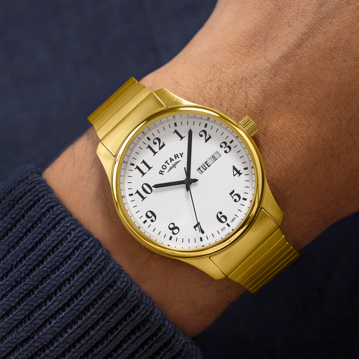 Model wears Rotary Heritage Altera, White Dial with Gold Plated Bracelet - RGB05762/18