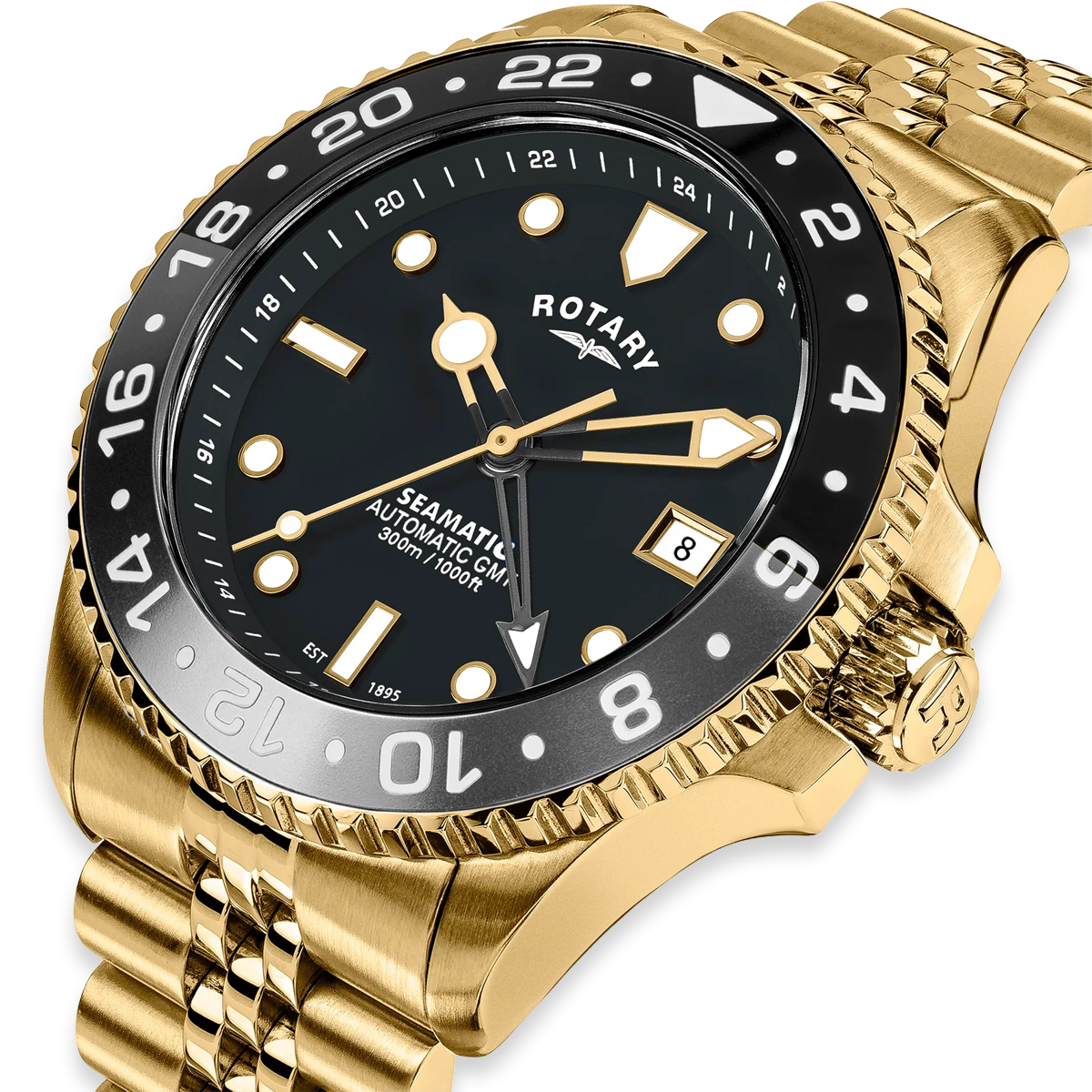 Rotary Seamatic 300 GMT Automatic, Black Dial with Gold Plated Bracelet - RGB10006/04