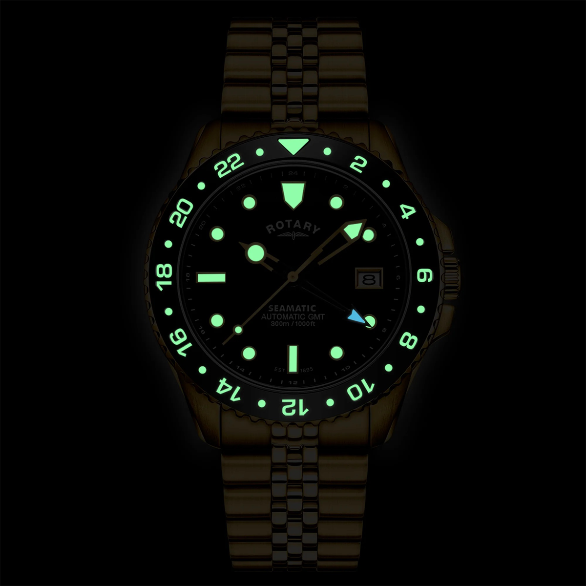 Rotary Seamatic 300 GMT Automatic, Black Dial with Gold Plated Bracelet - RGB10006/04
