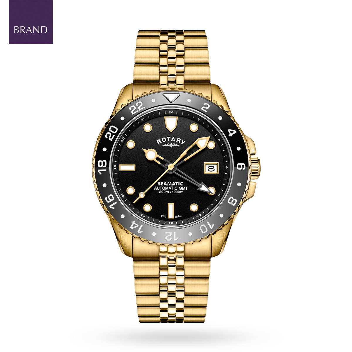Rotary Seamatic 300 GMT Automatic, Black Dial with Gold Plated Bracelet - RGB10006/04
