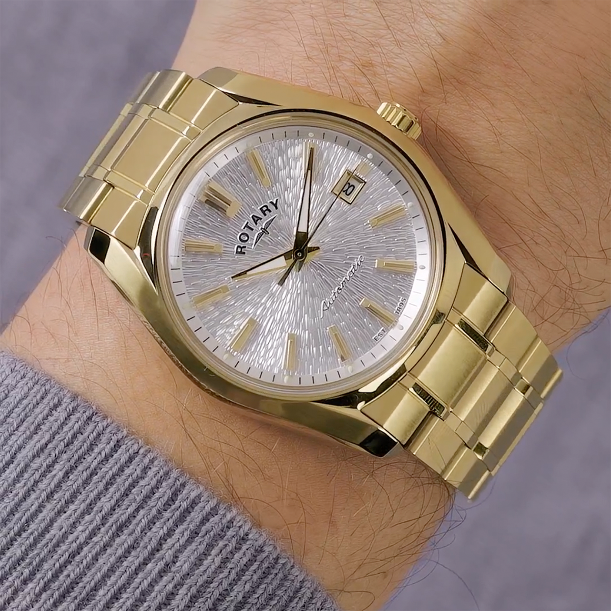 Model wears Rotary Lumen Automatic, White Dial with Gold Plated Bracelet RGB10010/06